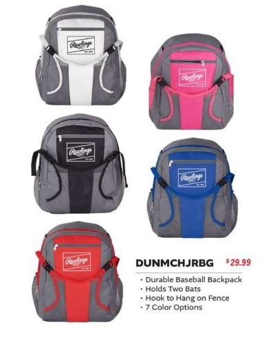 BACKPACK - • Durable Baseball Backpack • Holds Two Bats • Hook to Hang on Fence • 7 Color Options