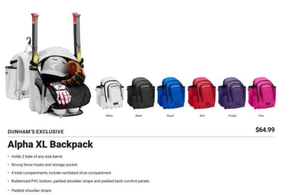 ALPHA XL BACKPACK - • Holds 2 hats of any size barrel
• Strong fence hooks and storage pocket
• 4 total compartments include ventilated shoe compartment
• Rubberized PVC bottom, padded shoulder straps and padded back comfort panels
• Padded shoulder straps