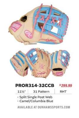 BASEBALL GLOVES - 11 1/2"
31 Pattern
RHT
• Split Single Post Web • Camel/Columbia Blue