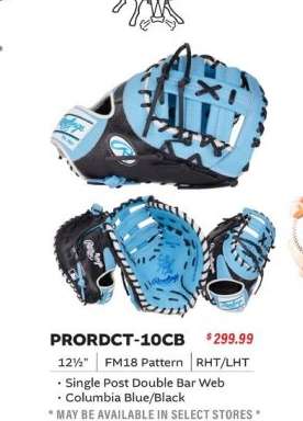 BASEBALL GLOVES - 12 1/2"
FM18 Pattern
RHT/LHT
• Single Post Double Bar Web 
• Columbia Blue/Black