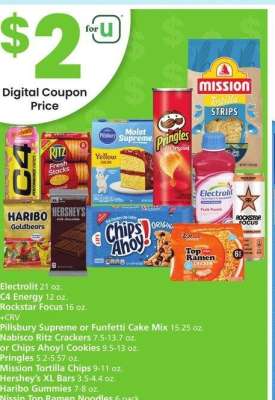 Electrolit 21 oz. C4 Energy 12 oz. Rockstar Focus 16 oz. +CRV Pillsbury Supreme or Funfetti Cake Mix 15.25 oz. Nabisco Ritz Crackers 7.5-13.7 oz. or Chips Ahoy! Cookies 9.5-13 oz. Pringles 5.2-5.57 oz. Mission Tortilla Chips 9-11 oz. - Hershey's XL Bars 3.5-4.4 oz.
Haribo Gummies 7-8 oz.
Nissin Top Ramen Noodles 6 pack
Selected varieties