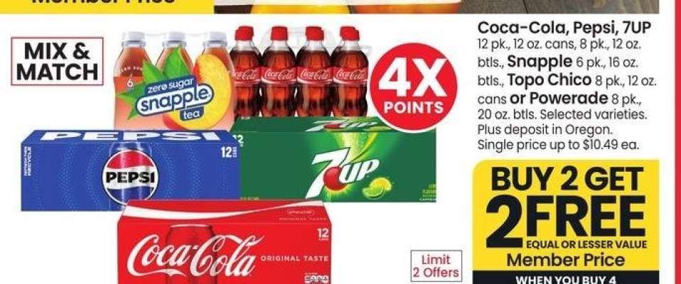 Coca-Cola, Pepsi, 7UP 12 pk., 12 oz. cans, 8 pk., 12 oz. btls., Snapple 6 pk., 16 oz. btls., Topo Chico 8 pk., 12 oz. cans or Powerade 8 pk., 20 oz. btls. - Selected varieties.