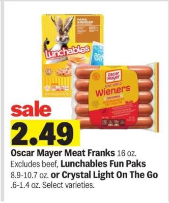 Oscar Mayer Meat Franks 16 oz. Excludes beef, Lunchables Fun Paks 8.9-10.7 oz. or Crystal Light On The Go. 6-1.4 oz. - Select varieties.