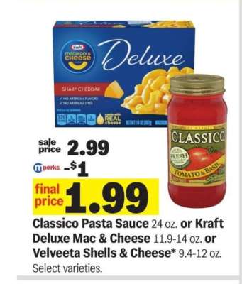 Classico Pasta Sauce 24 oz. or Kraft Deluxe Mac & Cheese 11.9-14 oz. or Velveeta Shells & Cheese 9.4-12 oz. - Select varieties.