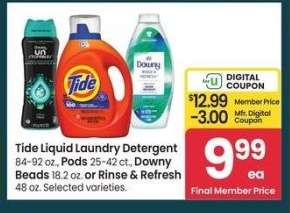 Tide Liquid Laundry Detergent, Pods, Downy Beads or Rinse & Refresh