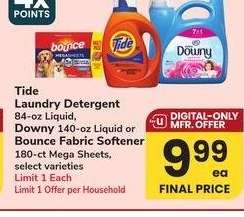 Tide Laundry Detergent 84-oz Liquid, Downy 140-oz Liquid or Bounce Fabric Softener 180-ct Mega Sheets - select varieties