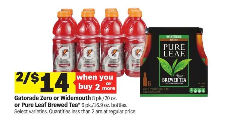 Gatorade Zero or Widemouth 8 pk./20 oz. or Pure Leaf Brewed Tea 6 pk./16.9 oz. bottles - Select varieties

Quantities less than 2 are at regular price.