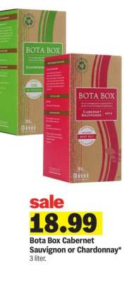 Bota Box Cabernet Sauvignon or Chardonnay* - 3 liter.

Not all advertised alcoholic beverages available in all stores. All wine 750ml unless otherwise noted. Please consume alcoholic beverages in moderation. Plus deposit where applicable.