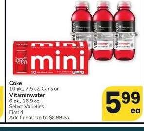 Coke 10 pk., 7.5 oz. Cans or Vitaminwater 6 pk., 16.9 oz. - Select Varieties