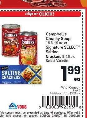 Campbell's Chunky Soup 18.6-19 oz. or Signature SELECT® Saltine Crackers 9-16 oz. - Select Varieties