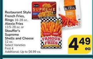 Restaurant Style French Fries, Rings 16-28 oz., Alexia Fries 13.5-28 oz. or Stouffer's Supreme Shells and Cheese 12 oz. - Select Varieties