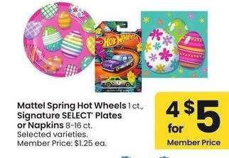 Mattel Spring Hot Wheels 1 ct., Signature SELECT® Plates or Napkins 8-16 ct. - Selected varieties. Member Price: $1.25 ea.