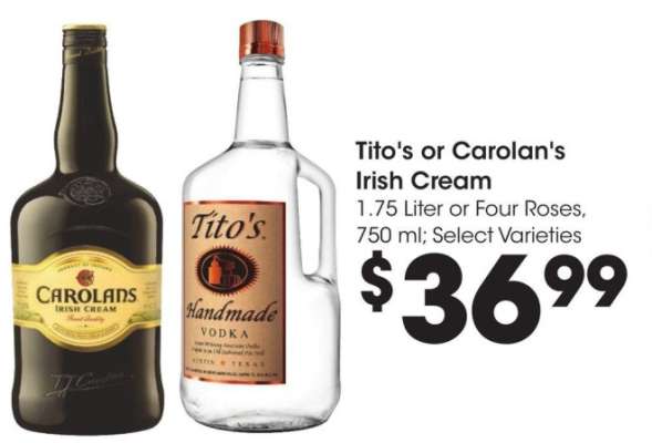 Tito's or Carolan's Irish Cream - 1.75 Liter or Four Roses, 750 ml; Select Varieties