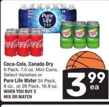 Coca-Cola, Canada Dry 6 Pack, 7.5 oz. Mini Cans, Select Varieties or Pure Life Water 24 Pack, 8 oz., or 28 Pack, 16.9 oz. - MIX OR MATCH