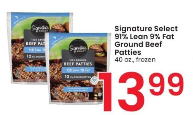 Signature Select 91% Lean 9% Fat Ground Beef Patties - 40 oz., frozen