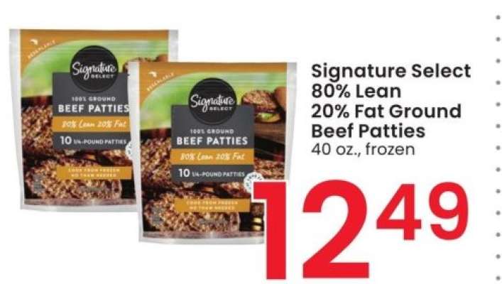 Signature Select 80% Lean 20% Fat Ground Beef Patties - 40 oz., frozen
