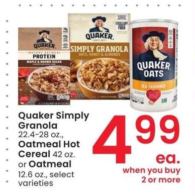 Quaker Simply Granola 22.4-28 oz., Oatmeal Hot Cereal 42 oz. or Oatmeal 12.6 oz. - select varieties