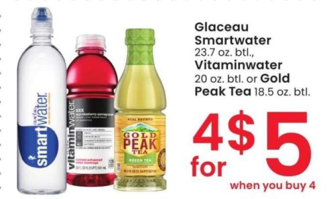 Glaceau Smartwater 23.7 oz. btl., Vitaminwater 20 oz. btl. or Gold Peak Tea 18.5 oz. btl.