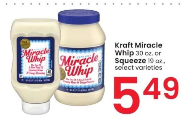 Kraft Miracle Whip 30 oz. or Squeeze oz - 19., select varieties