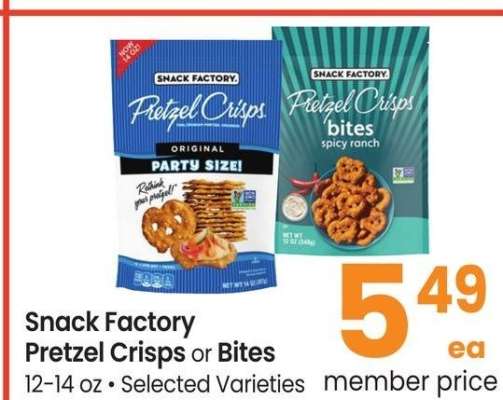 Snack Factory Pretzel Crisps or Bites - 12-14 oz • Selected Varieties