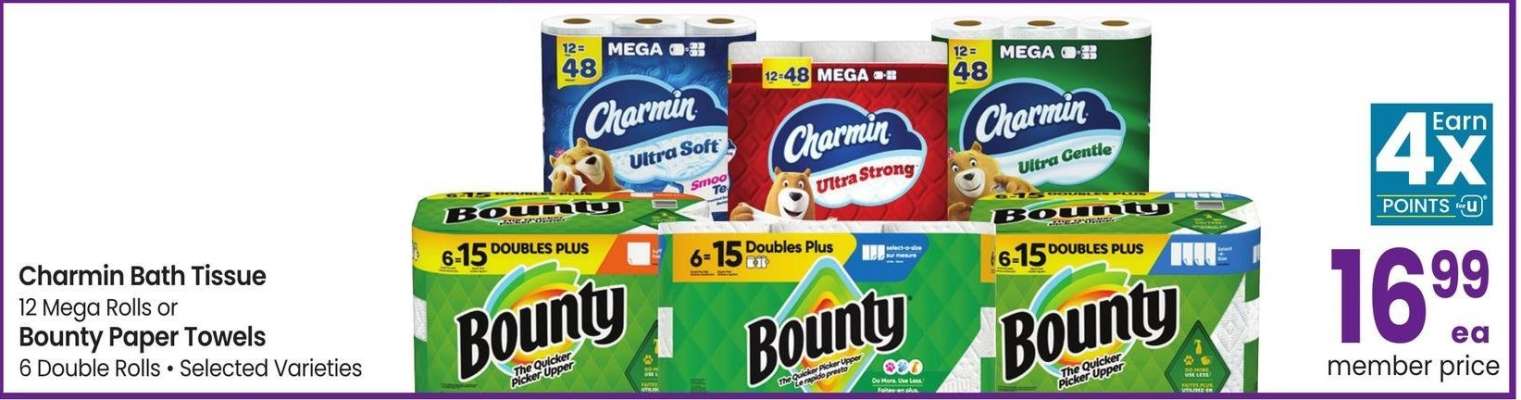 Charmin Bath Tissue 12 Mega Rolls or Bounty Paper Towels 6 Double Rolls - Selected Varieties