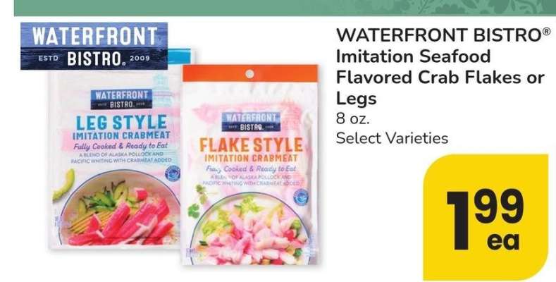 waterfront BISTRO® Imitation Seafood Flavored Crab Flakes or Legs - 8 oz. Select Varieties