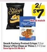 Snack Factory Pretzel Crisps or Stacy's Pita Chips or Thins