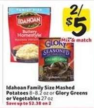 Idahoan Family Size Mashed Potatoes or Glory Greens or Vegetables