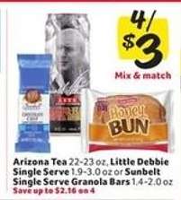 Arizona Tea, Little Debbie Single Serve, Sunbelt Single Serve Granola Bars