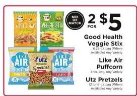 Good Health Veggie Stix, Like Air Puffcorn, Utz Pretzels