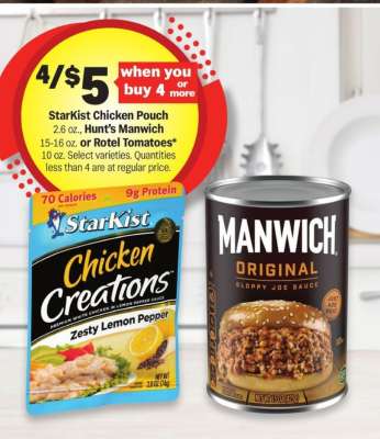StarKist Chicken Pouch or Hunt's Manwich or Rotel Tomatoes