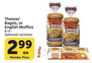 Thomas' Bagels or English Muffins - 6 ct. Selected varieties