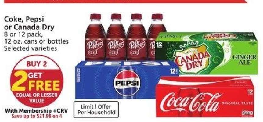 Coke, Pepsi or Canada Dry - 8 or 12 pack, 12 oz. cans or bottles Selected varieties
