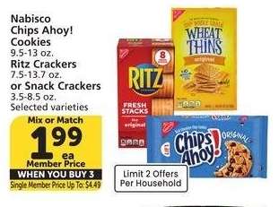 Nabisco Chips Ahoy! Cookies 9.5-13 oz. Ritz Crackers 7.5-13.7 oz. or Snack Crackers 3.5-8.5 oz. - Selected varieties
Mix or Match
Single Member Price Up To: $4.49