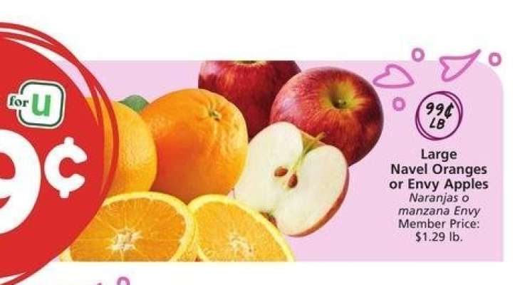 Large Navel Oranges or Envy Apples - Member Price:
$1.29 lb.