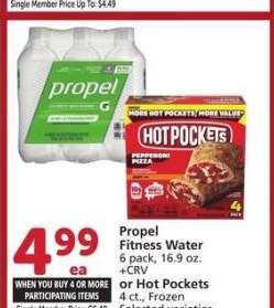 Propel Fitness Water 6 pack, 16.9 oz. or Hot Pockets 4 ct., Frozen - Selected varieties
Single Member Price Up To: $4.49

Mix or match on four or more participating items in a single transaction. With Membership where applicable.