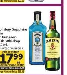 Bombay Sapphire Gin or Jameson Irish Whiskey - 750 ml.
selected varieties
Mix or Match
Single Member Price: $19.99
