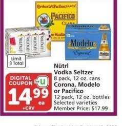 Nütrl Vodka Seltzer 8 pack, 12 oz. cans Corona, Modelo or Pacifico 12 pack, 12 oz. bottles - Selected varieties Member Price: $17.99