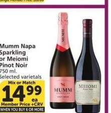 Mumm Napa Sparkling or Meiomi Pinot Noir - 750 ml.
Selected varietals
Mix or Match

Single Member Price: $16.65