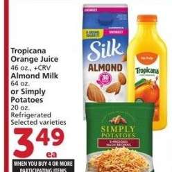 Tropicana Orange Juice 46 oz., + CRV Almond Milk 64 oz. or Simply Potatoes 20 oz. - Refrigerated
Selected varieties

Single Member Price Up To: $4.49

Mix or match on four or more participating item in a single transaction. With Membership where applicable.