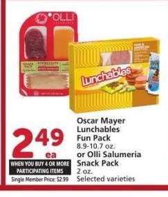 Oscar Mayer Lunchables Fun Pack 8.9-10.7 oz. or Olli Salumeria Snack Pack 2 oz. - Selected Varieties
Single Member Price: $2.99

Mix or match on four or more participating item in a single transaction. With Membership where applicable.