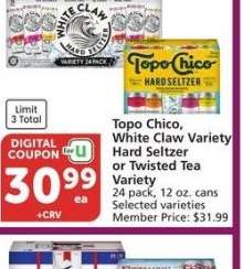 Topo Chico, White Claw Variety Hard Seltzer or Twisted Tea Variety - 24 pack, 12 oz. cans Selected varieties Member Price: $31.99
