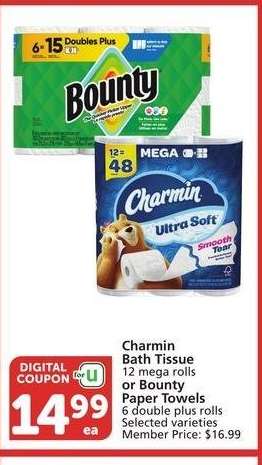 Charmin Bath Tissue 12 mega rolls or Bounty Paper Towels 6 double plus rolls. - Selected varieties
Member Price: $16.99