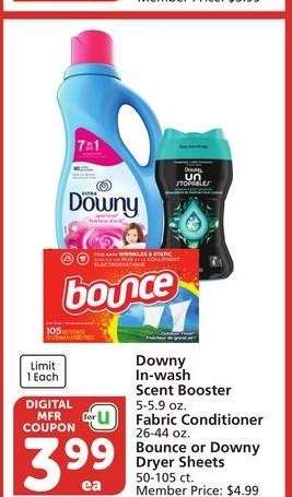 Downy In-wash Scent Booster 5-5.9 oz. Fabric Conditioner 26-44 oz. Bounce or Downy Dryer Sheets 50-105 ct. - Member Price: $4.99