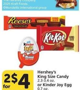 Hershey's King Size Candy 2.3-3.4 oz. or Kinder Joy Egg 0.7 oz. - Selected varieties