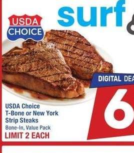 USDA Choice T-Bone or New York Strip Steaks - Bone - In, Value Pack