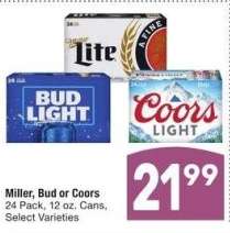 Miller, Bud or Coors - 24 Pack, 12 oz. Cans, Select Varieties