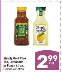 Simply Gold Peak Tea, Lemonade or Punch - 52 oz., Select Varieties