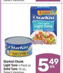 Starkist Chunk Light Tuna 4 Pack or Solid Tuna 12 oz. - Select Varieties