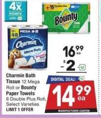 Charmin Bath Tissue 12 Mega Roll or Bounty Paper Towels 6 Double Plus Roll - Select Varieties